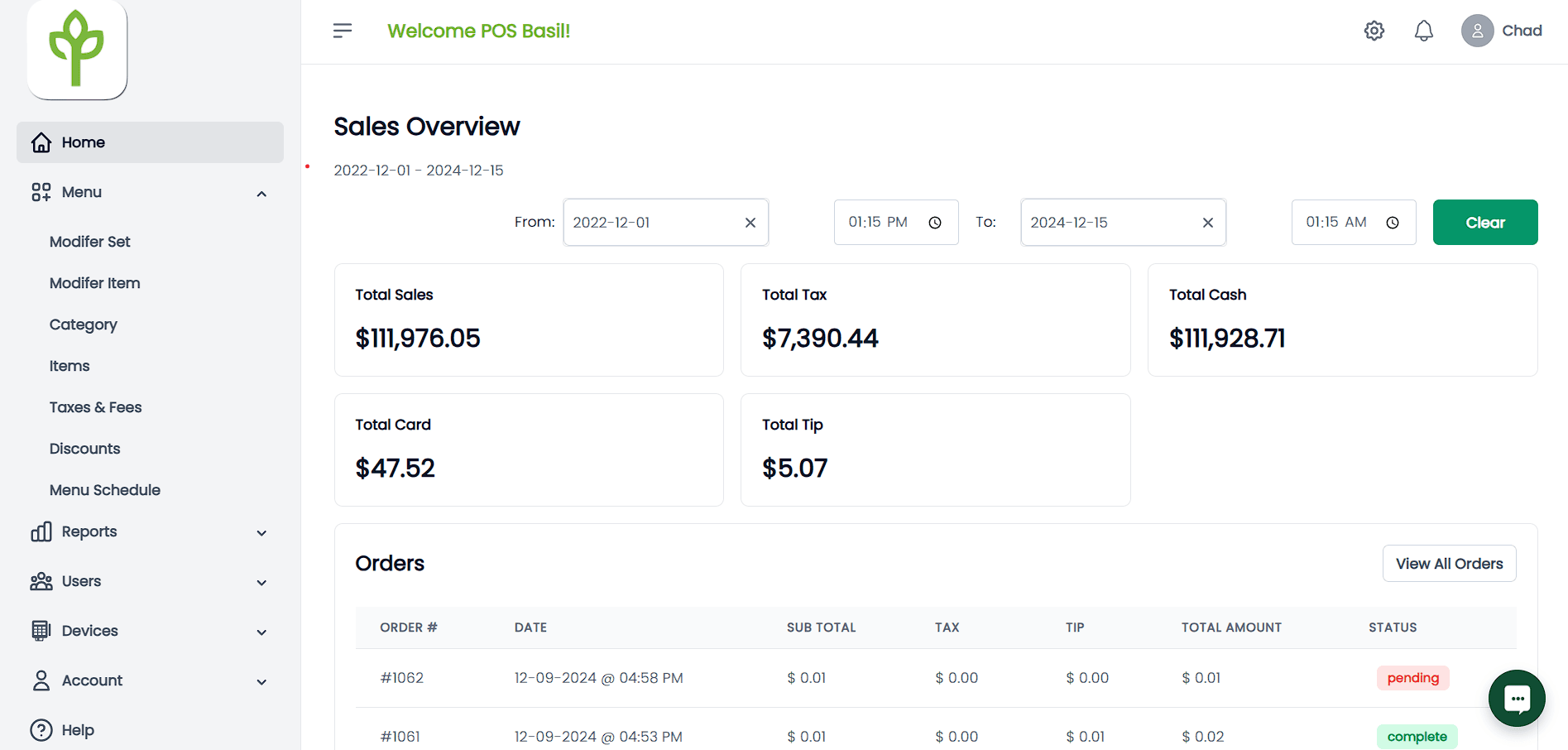 Basil POS back office showing restaurant menu management and reporting