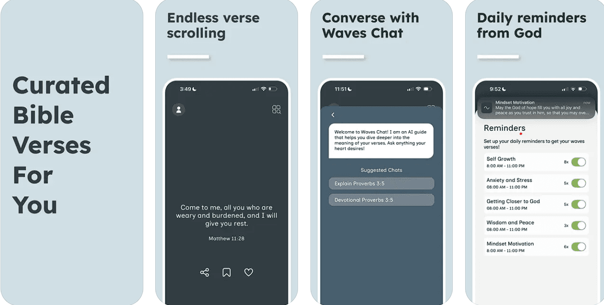 Waves: Bible Verse app showing a curated scripture screen and mood check-in