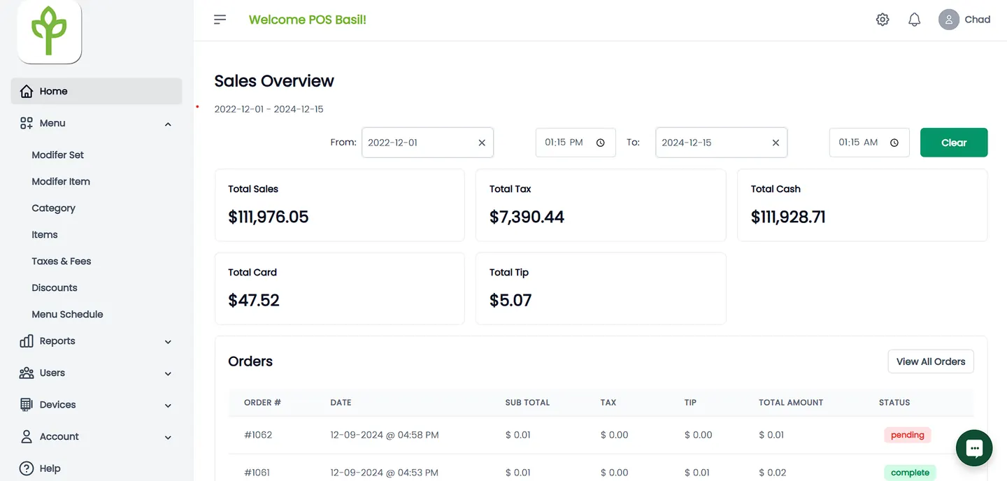 Basil POS back office showing restaurant menu management and reporting