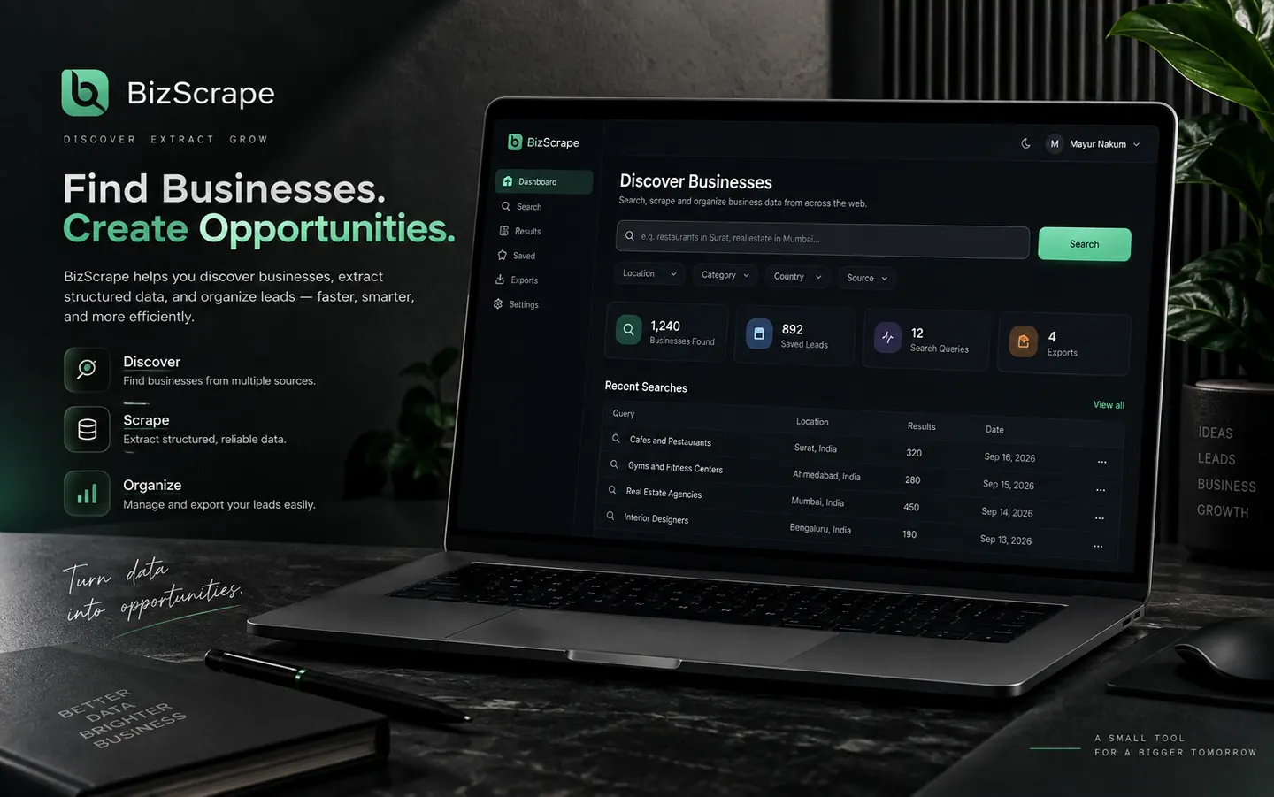 BizScrape business data scraping platform dashboard