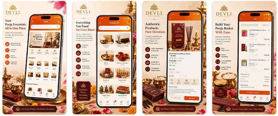 Devli pooja store app showing home catalog, categories and cart in a saffron-branded mobile UI