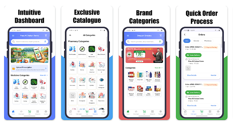 Paas Ki Dukaan app showing nearby store discovery with grocery and pharmacy shopping in one marketplace