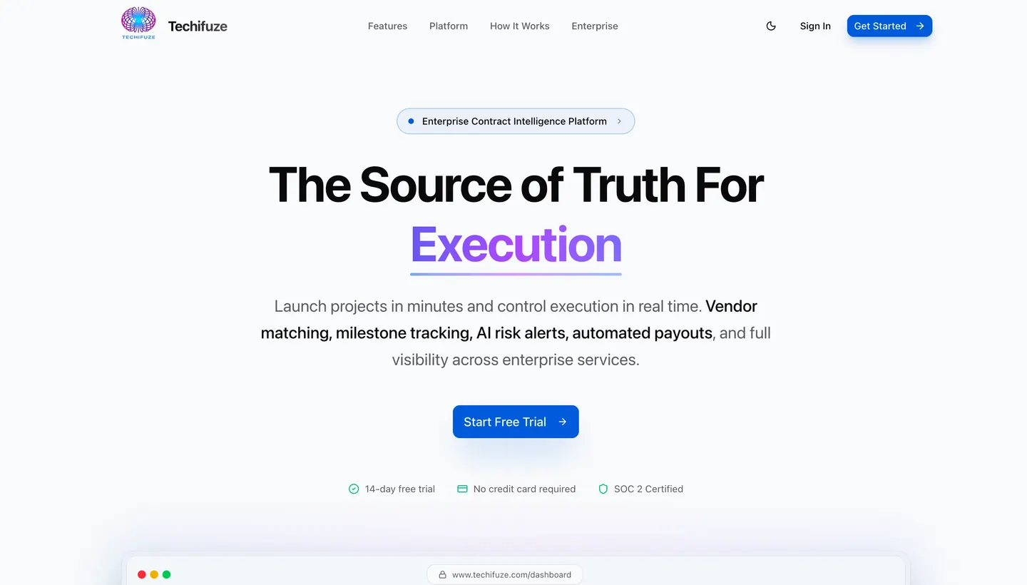 Techifuze enterprise platform dashboard showing active projects, vendor spend and live risk alerts
