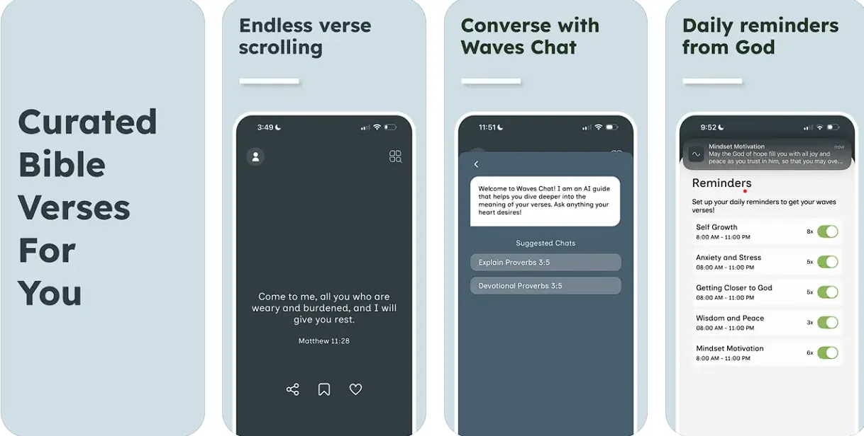 Waves: Bible Verse app showing a curated scripture screen and mood check-in